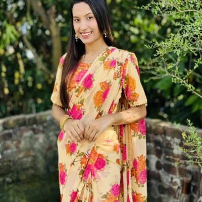 ইন্ডিয়ান ওয়েটলেস প্রিন্ট জর্জেট শাড়ি + ব্লাউজ পিছ S-03