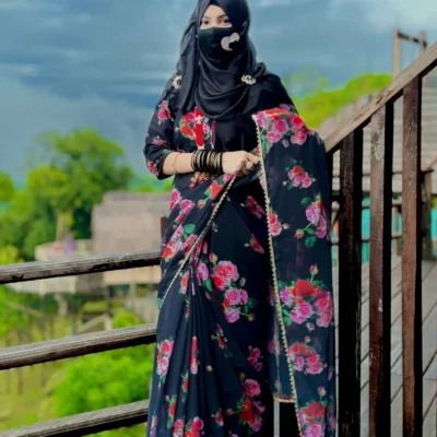 ইন্ডিয়ান ওয়েটলেস প্রিন্ট জর্জেট শাড়ি + ব্লাউজ পিছ S-08