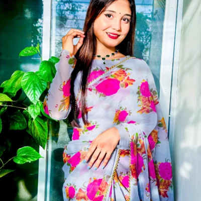 ইন্ডিয়ান ওয়েটলেস প্রিন্ট জর্জেট শাড়ি + ব্লাউজ পিছ S-10