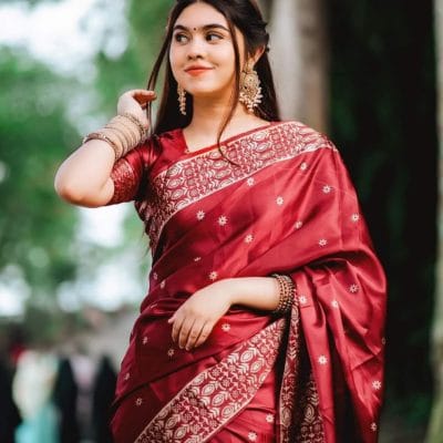 জাপানি সিল্ক বধুয়া বেনারসি শাড়ি + ব্লাউজ পিছ S-20 (Original) - Red