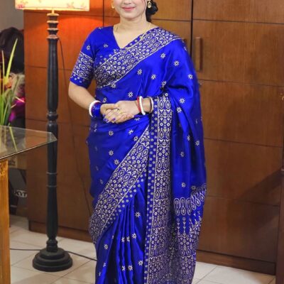 জাপানি সিল্ক বধুয়া বেনারসি শাড়ি + ব্লাউজ পিছ S-21 (Original) - Blue