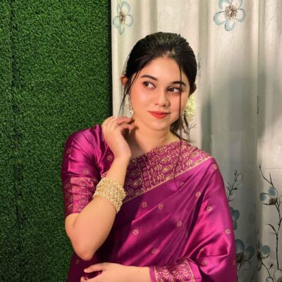 জাপানি সিল্ক বধুয়া বেনারসি শাড়ি + ব্লাউজ পিছ S-23 (Original) - Red Violet