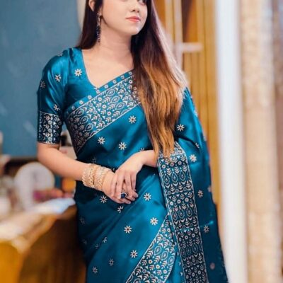 জাপানি সিল্ক বধুয়া বেনারসি শাড়ি + ব্লাউজ পিছ S-24 (Original) - Venice Blue