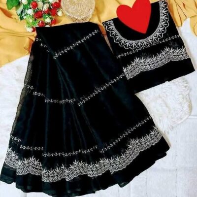 ইন্ডিয়ান জর্জেট এমব্রয়ডারি শাড়ি + ব্লাউজ পিছ S-28 (Special Offer)