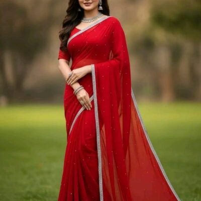 ইন্ডিয়ান জর্জেট এমব্রয়ডারি  শাড়ি + ব্লাউজ পিছ (লাল) S-34