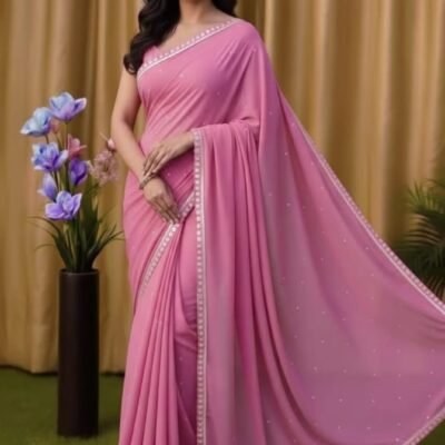 ইন্ডিয়ান জর্জেট এমব্রয়ডারি  শাড়ি + ব্লাউজ পিছ (গোলাপি) S-36